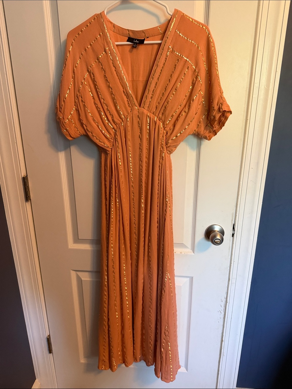 Lulus Terracotta Gold Lurex Stripe Midi Dress Deep V Neck Dolman Sleeve Size S - Picture 5 of 8